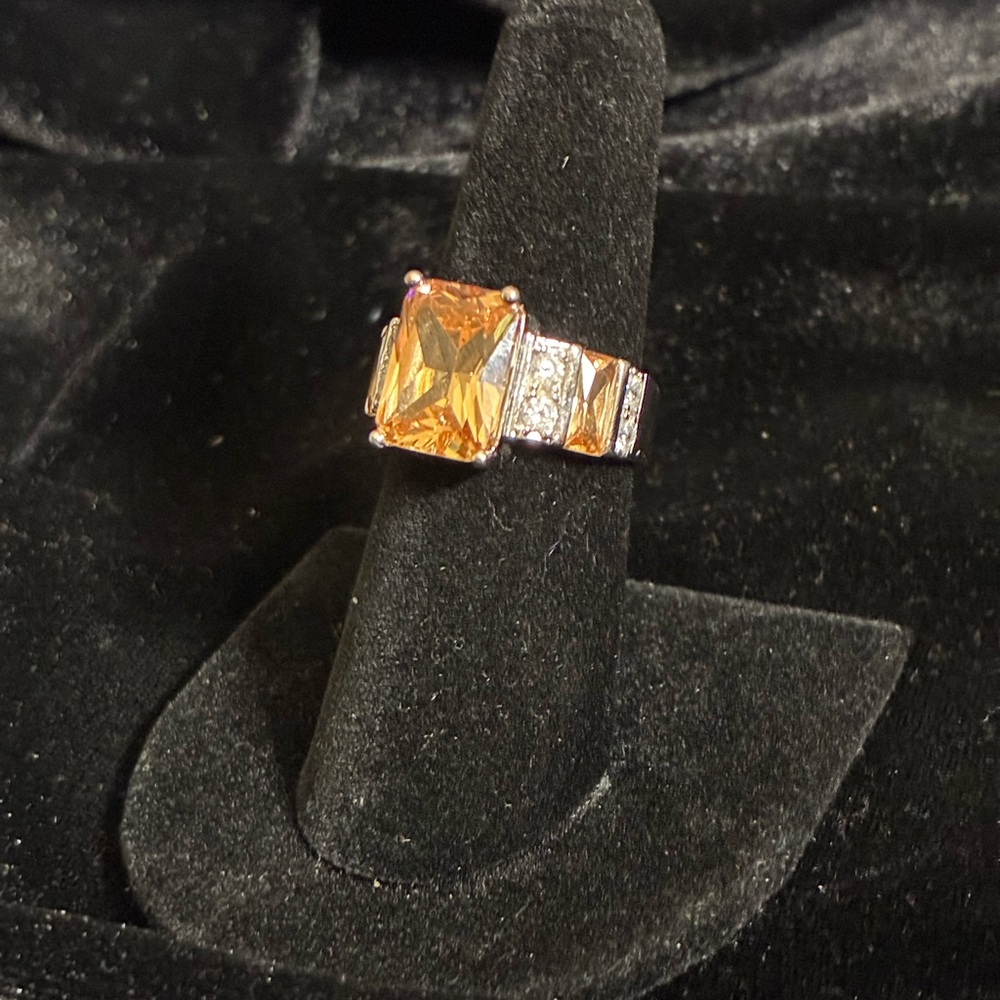 Emerald-Cut Yellow Stone Cocktail Ring with Sparkling Accents size 7
